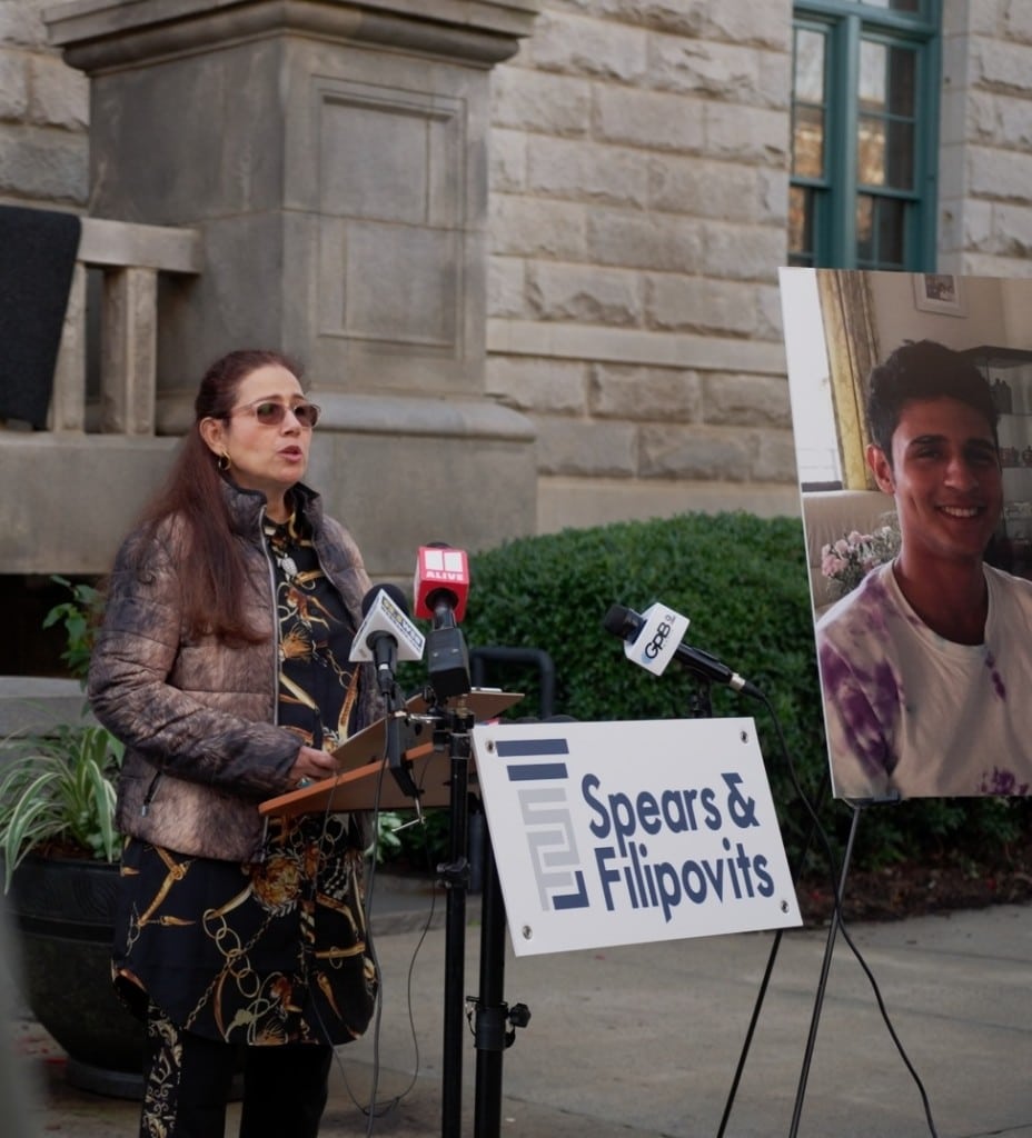 Belkis Terán, mother of slain environmental activist Manuel "Tortuguita" Paez Terán, speaks at a press conference announcing a lawsuit for civil rights violations of her child on Tuesday, Dec. 17, 2024. (Nolan Huber Rhoades)