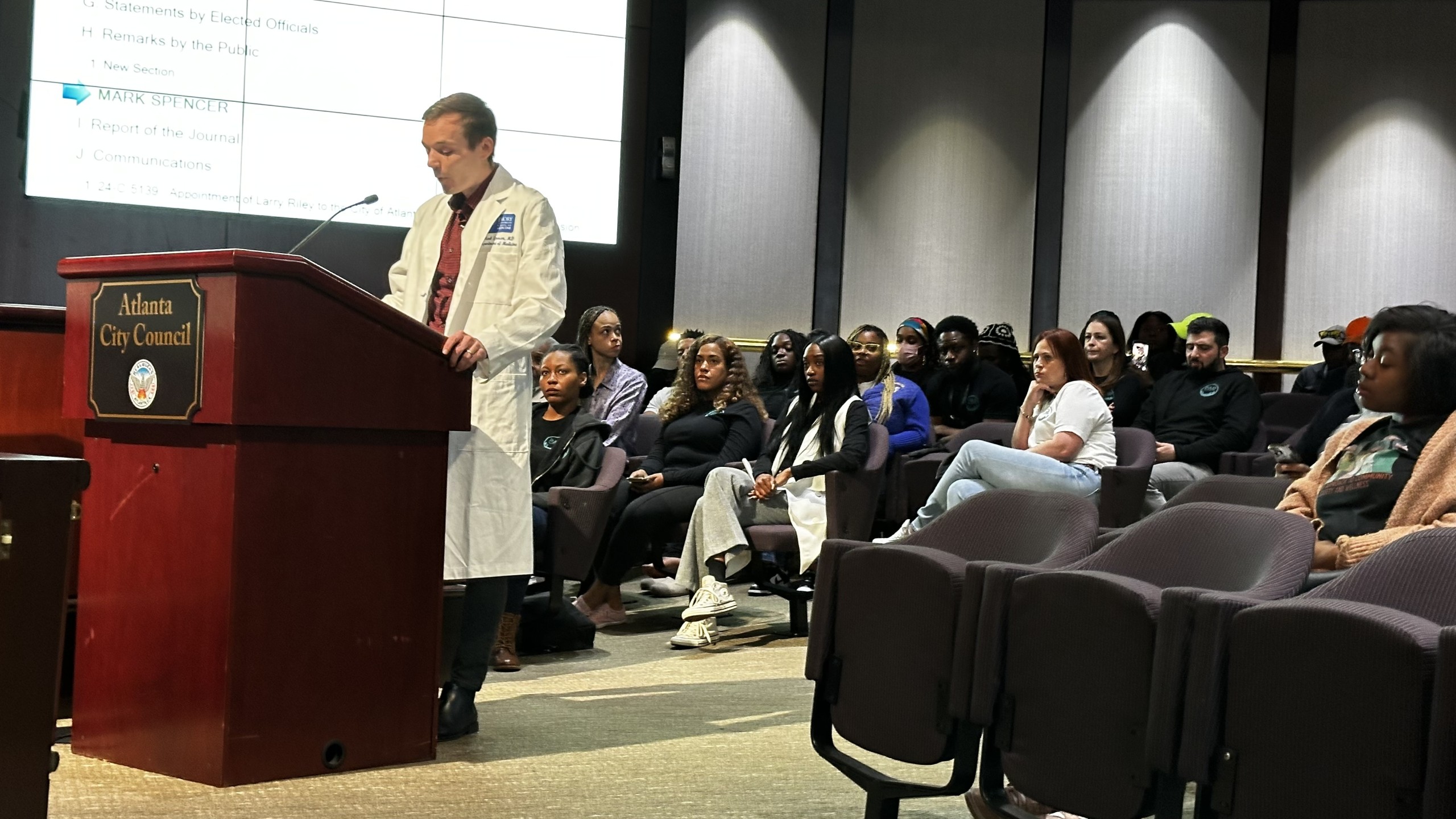 Mark Spencer speaks in favor of policing diversions during public comment in front of the Atlanta City Council on Monday, Nov. 18, 2024. 