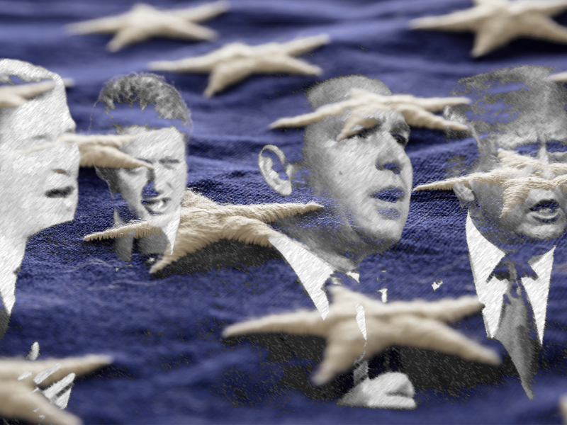 Images of Ronald Reagan, Bill Clinton, Ron Desantis, and Donald Trump speaking racist dog whistles. Their faces are faded into a tattered American flag