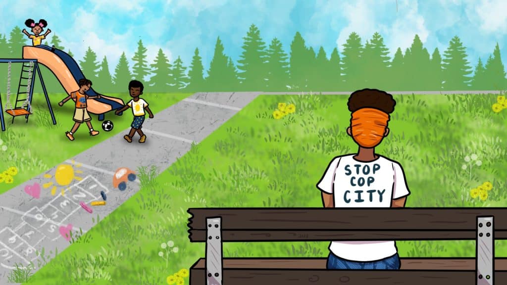 The same woman and her son are now at a playground. A second child sits on top of a slide. Near the slide is a swingset and a sidewalk with chalk drawings. Her son is kicking around the soccer ball with another Black child.