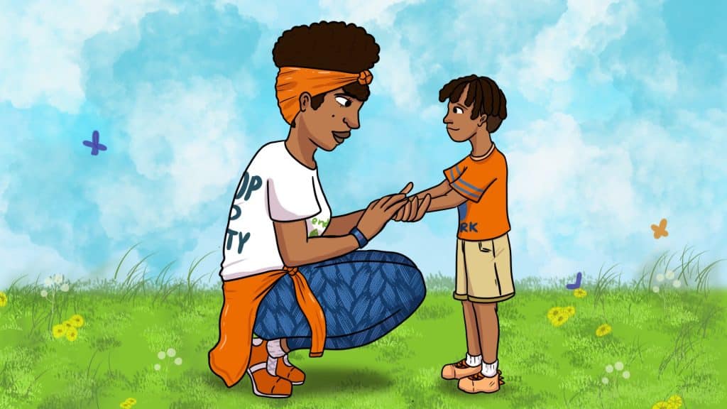 The same woman crouches in front of her son in the same field. Both have serious, concern expressions on their faces.