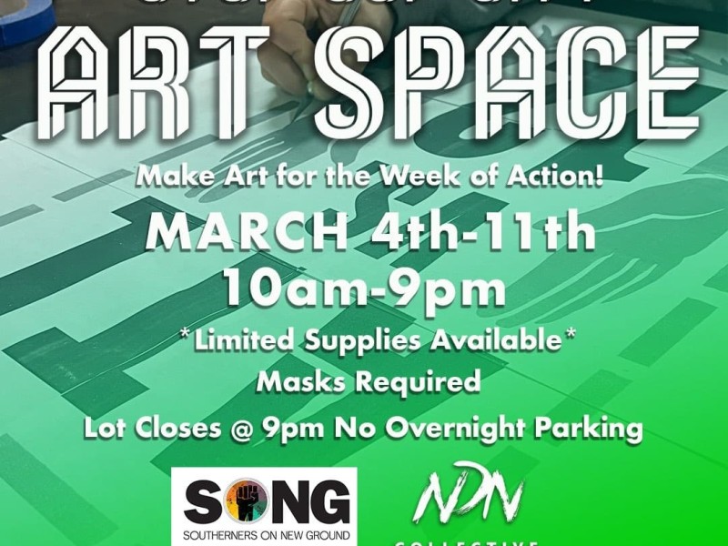 STOP COP CITY ART SPACE Make art for the week of action! March 4th - 11th 10am-9pm *limited supplies available* Masks Required Lot closes at 9pm No overnight parking 561 W. Whitehall Street Southwest Atlanta, GA