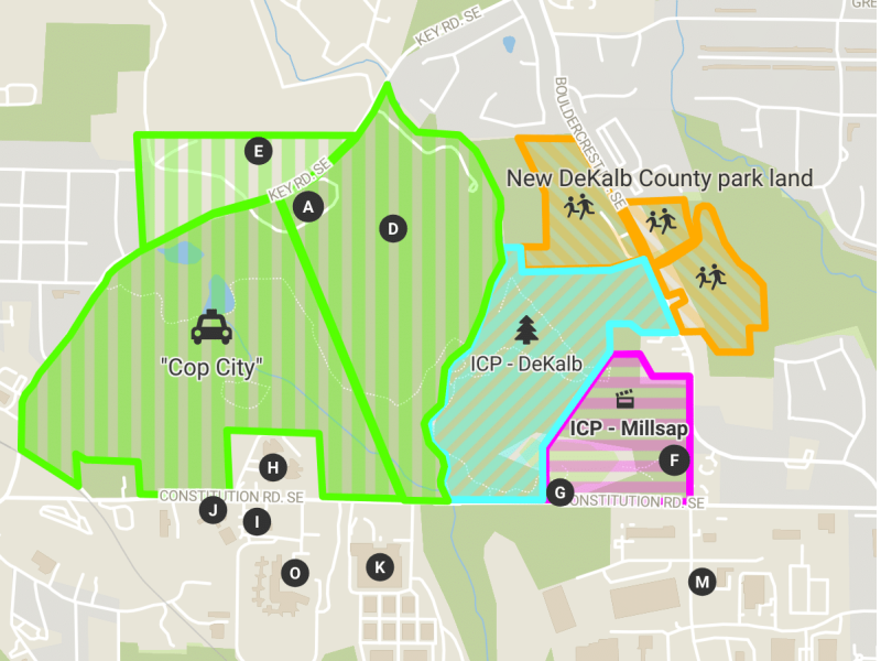 A map showing various points of interest and deliniated land parcels in the vicinity of the proposed Atlanta Public Safety Training Center. The land parcels are variously owned by the city of Atlanta, DeKalb County, and real estate mogul Ryan Millsap.