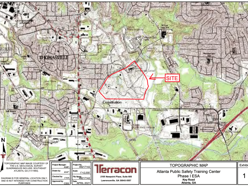 Topographic map from Terracon ESA with "SITE" outlined in red