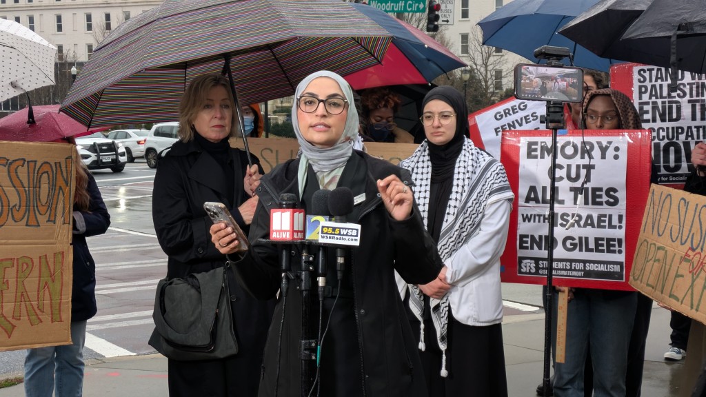 Azka Mahmood, executive director of CAIR-GA, speaks about Umaymah Mohammad during a press conference. Emory suspended the Palestinian student for her pro-Palestine comments during an interview.