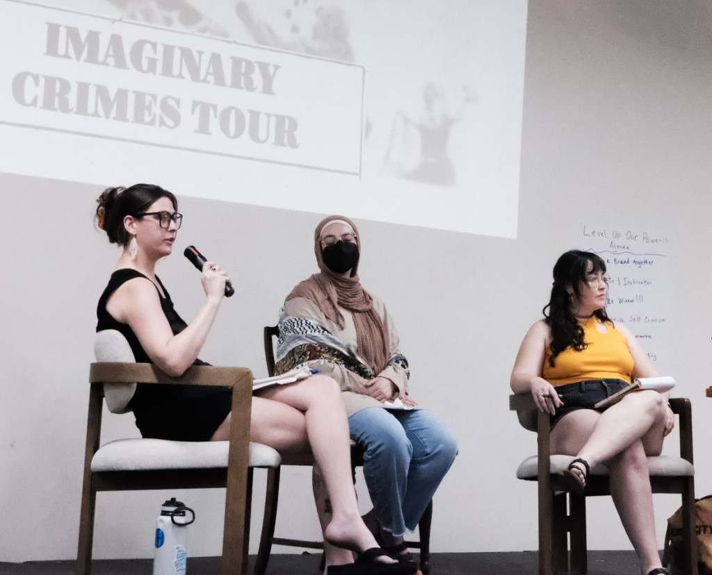 Keynote panelists Savannah Paterson (left) and Umaymah Mohammad (center) discuss the repression of protests during the Imaginary Crimes Tour on April 4 in Atlanta. (John Arthur Brown)