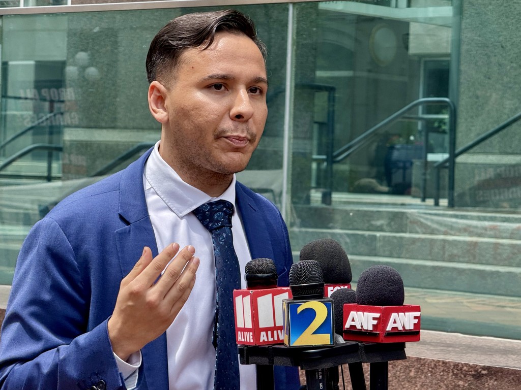 Xavier de Janon, defense attorney for one of the Stop Cop City RICO and domestic terrorism defendants, speaks during a press conference following the May 14 status hearing.