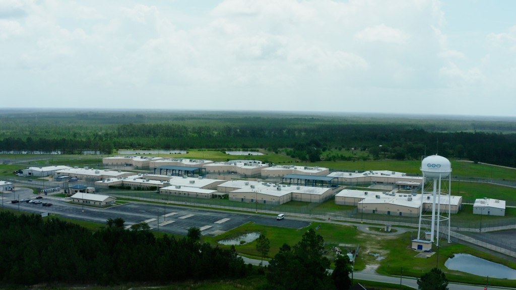 A drone-captured bird's eye view of the Folkston ICE Detention Center