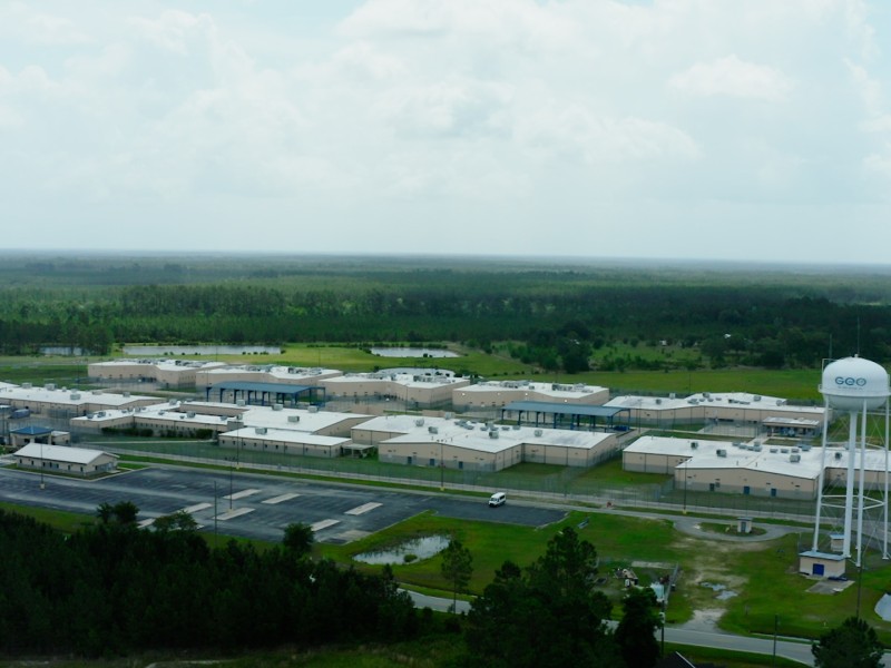 A drone-captured bird's eye view of the Folkston ICE Detention Center