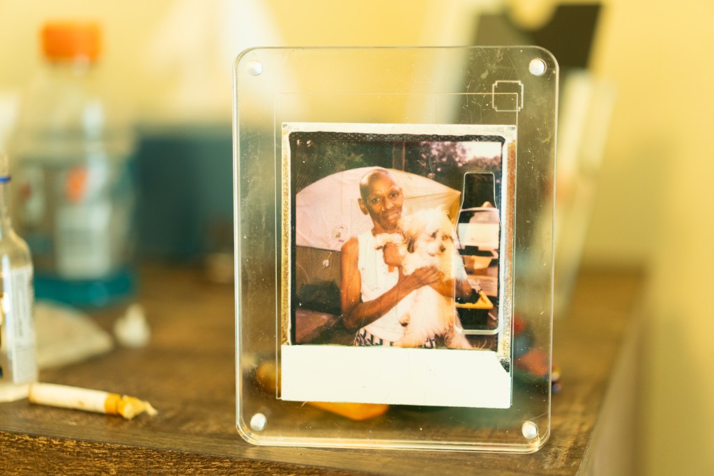 A framed photo of a Black woman holding a little white dog
