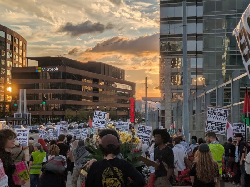 Atlantans gather in front of the Israeli consulate in Midtown Atlanta to protest the genocide in Gaza on Saturday, Oct. 4, 2025.