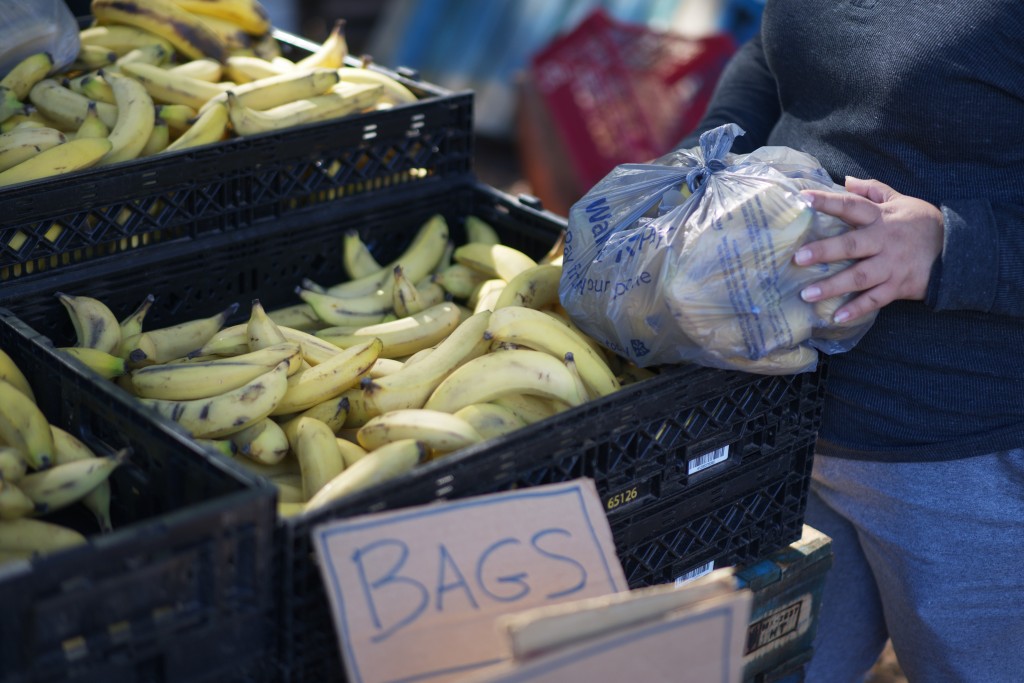 Facing SNAP cuts, Elsa chooses a bag of bananas from the Food Commune in DeKalb County, Georgia, to take home to Acworth, Georgia, on Saturday, Nov. 1, 2025. (Jesse Pratt López)