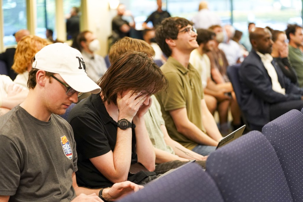 People attend a city council meeting at Dunwoody City Hall to discuss Flock Safety cameras in Dunwoody, Georgia, U.S., April 14, 2026. ACPC/Megan Varner