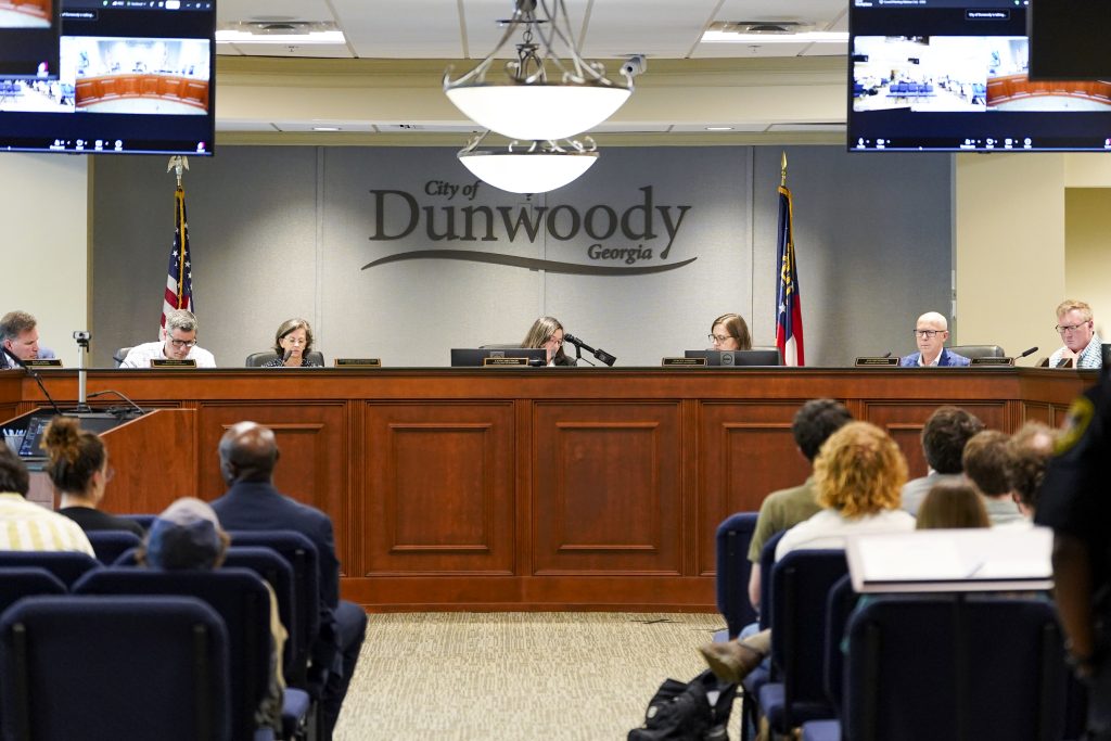 The Dunwoody City Council discusses Flock Safety contracts at Dunwoody City Hall in Dunwoody, Georgia, U.S., April 14, 2026.    Megan Varner/ACPC