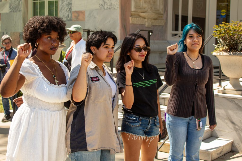Emory University sophomore Maya stands with other undergraduate and graduate organizers after delivering a petition to university administrators demanding Flock cameras be removed from campus on April 10, 2026. Matt Scott/ACPC