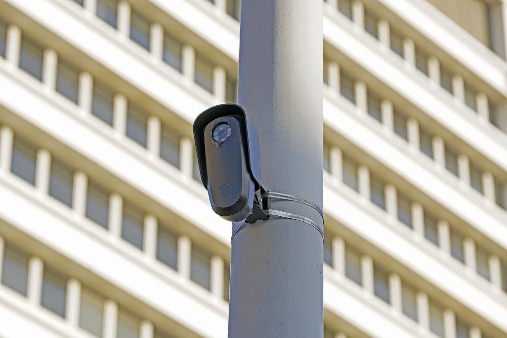 A Flock camera can be seen in South Downtown, Atlanta, Georgia, April 2, 2026. Megan Varner/ACPC