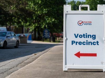 A sign guides voters to the Perkerson Park voting precinct in Atlanta, Georgia, during the May 19, 2026, primary election.